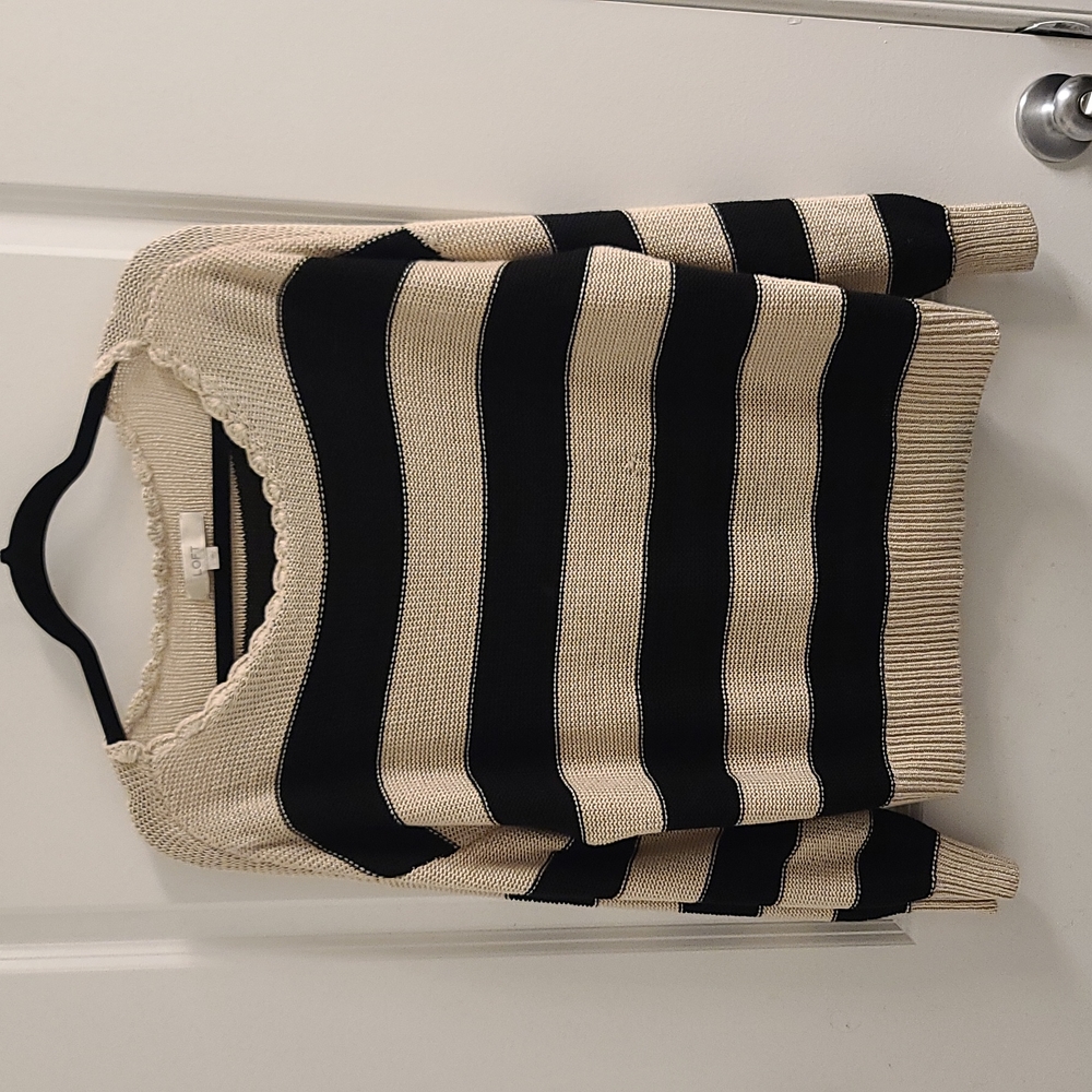 Striped Sweater with Scallop Detailing on Neckline